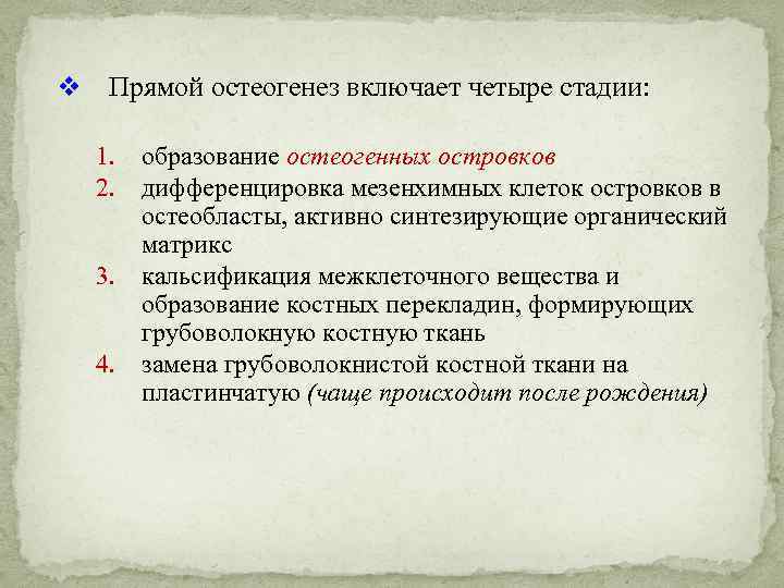 v Прямой остеогенез включает четыре стадии: 1. 2. 3. 4. образование остеогенных островков дифференцировка