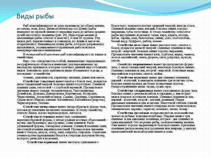 Виды рыбы Рыб классифицируют по ряду признаков: по образу жизни, по сезону лова, полу,