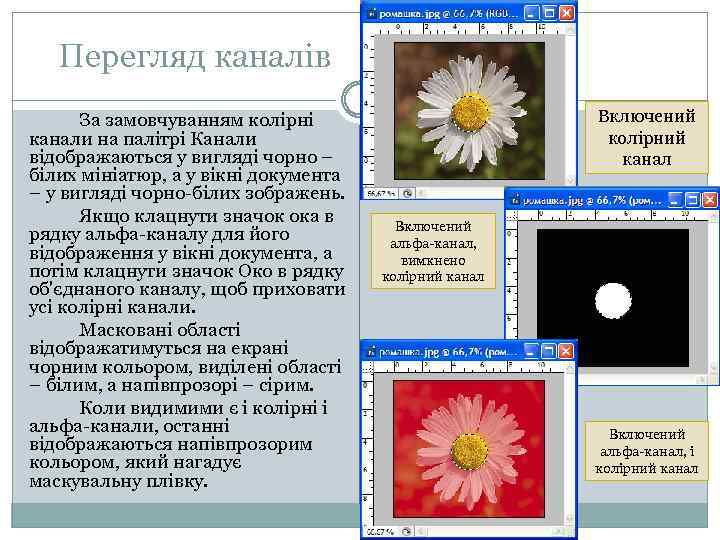 Перегляд каналів За замовчуванням колірні канали на палітрі Канали відображаються у вигляді чорно –