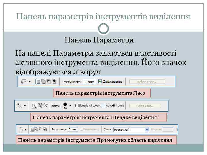Панель параметрів інструментів виділення Панель Параметри На панелі Параметри задаються властивості активного інструмента виділення.
