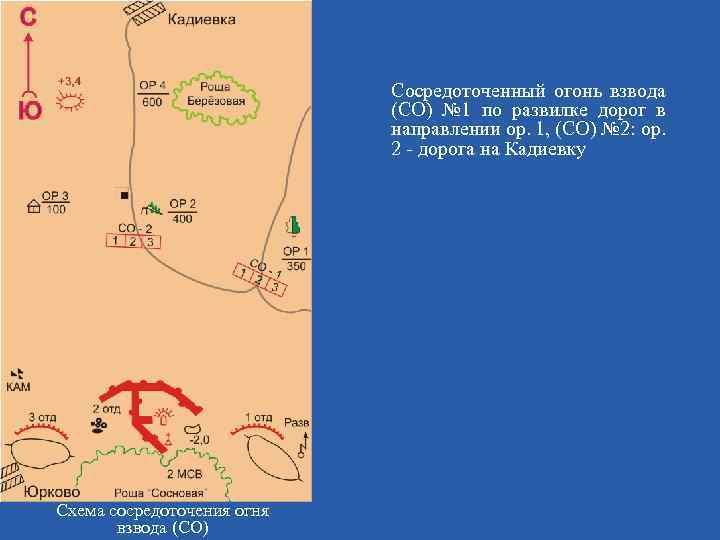 Сосредоточенный огонь взвода (СО) № 1 по развилке дорог в направлении ор. 1, (СО)