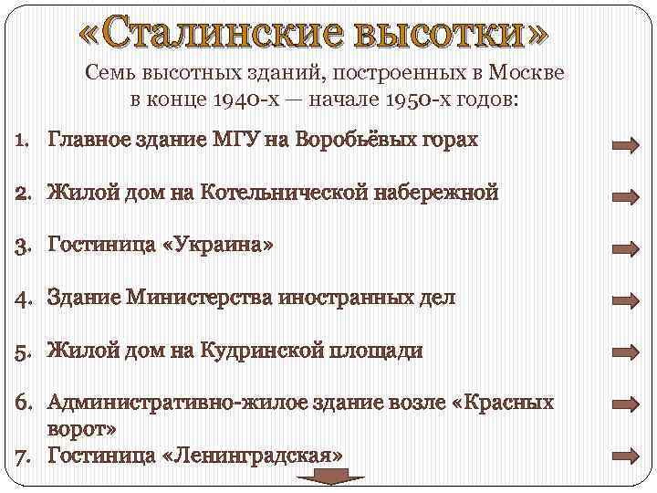  «Сталинские высотки» Семь высотных зданий, построенных в Москве в конце 1940 -х —