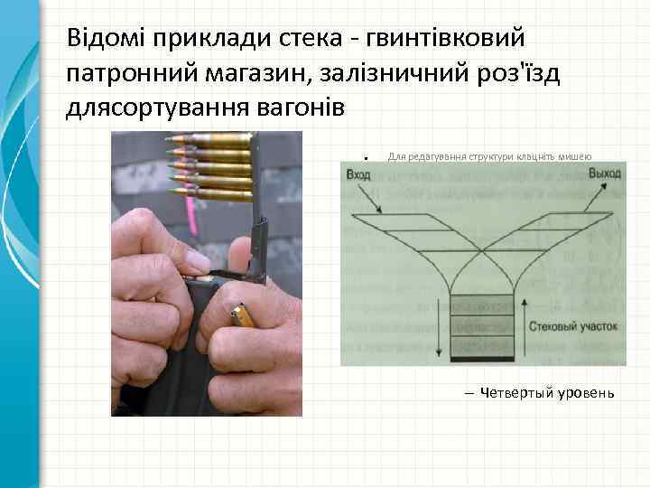 Відомі приклади стека - гвинтівковий патронний магазин, залізничний роз'їзд длясортування вагонів ● Для редагування