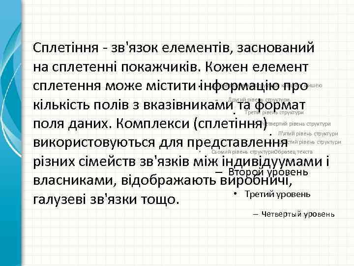  Сплетіння - зв'язок елементів, заснований на сплетенні покажчиків. Кожен елемент сплетення може містити