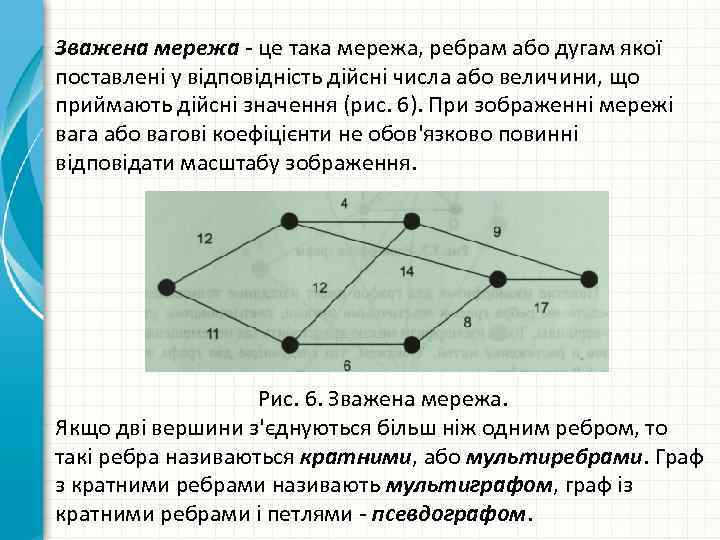 Зважена мережа це така мережа, ребрам або дугам якої поставлені у відповідність дійсні числа