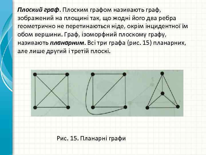 Плоский граф. Плоским графом називають граф, зображений на площині так, що жодні його два