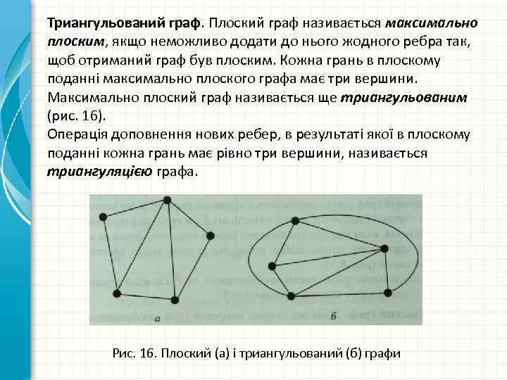 Триангульований граф. Плоский граф називається максимально плоским, якщо неможливо додати до нього жодного ребра