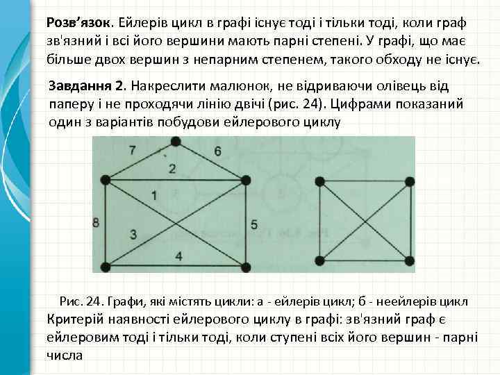 Розв’язок. Ейлерів цикл в графі існує тоді і тільки тоді, коли граф зв'язний і
