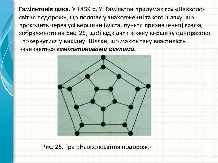 Гамільтонів цикл. У 1859 р. У. Гамільтон придумав гру «Навколо світня подорож» , що