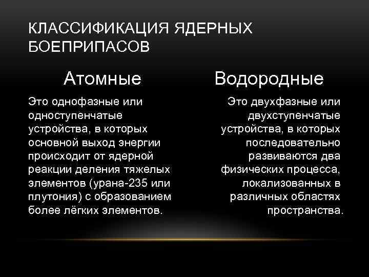 КЛАССИФИКАЦИЯ ЯДЕРНЫХ БОЕПРИПАСОВ Атомные Это однофазные или одноступенчатые устройства, в которых основной выход энергии