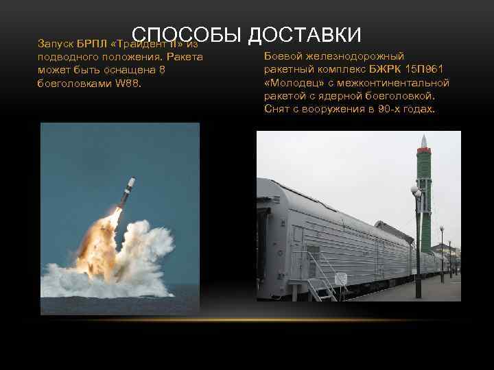 СПОСОБЫ ДОСТАВКИ Запуск БРПЛ «Трайдент II» из подводного положения. Ракета может быть оснащена 8