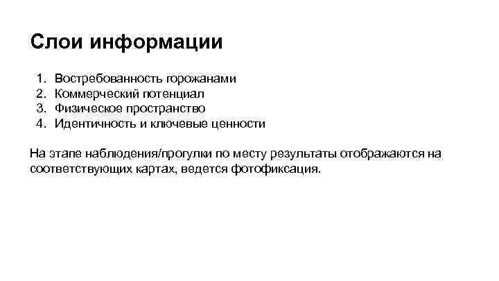 Слои информации 1. 2. 3. 4. Востребованность горожанами Коммерческий потенциал Физическое пространство Идентичность и