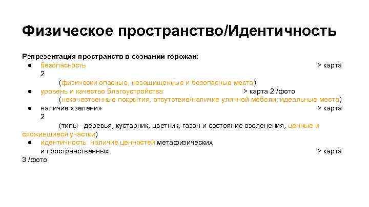 Физическое пространство/Идентичность Репрезентация пространств в сознании горожан: ● безопасность > карта 2 (физически опасные,