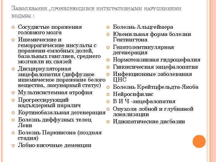 ЗАБОЛЕВАНИЯ , ПРОЯВЛЯЮЩИЕСЯ ИНТЕГРАТИВНЫМИ НАРУШЕНИЯМИ ХОДЬБЫ : Сосудистые поражения головного мозга Ишемические и геморрагические
