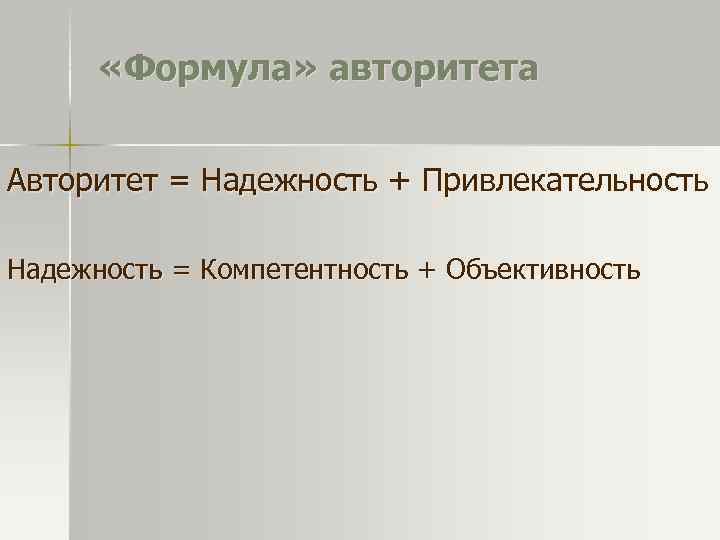  «Формула» авторитета Авторитет = Надежность + Привлекательность Надежность = Компетентность + Объективность 