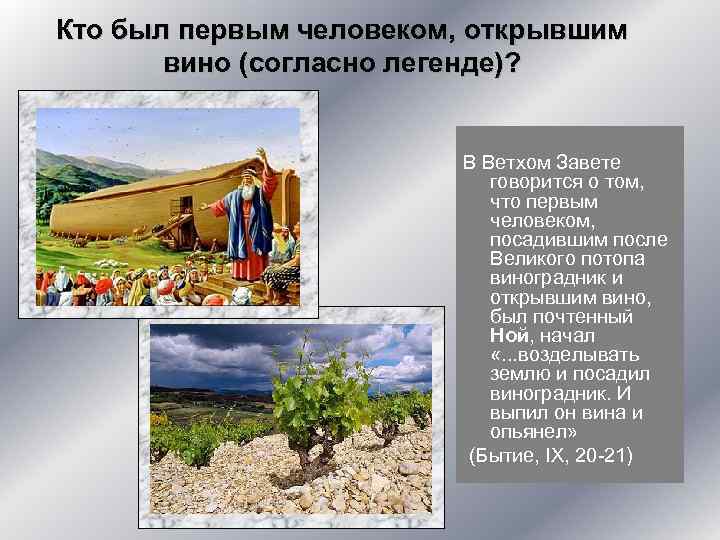 Кто был первым человеком, открывшим вино (согласно легенде)? В Ветхом Завете говорится о том,