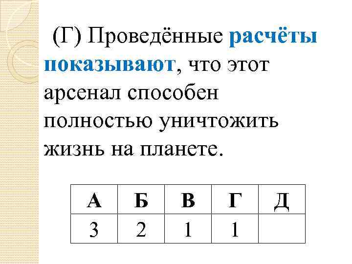 (Г) Проведённые расчёты показывают, что этот арсенал способен полностью уничтожить жизнь на планете. А