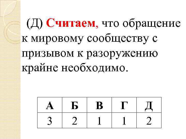 (Д) Считаем, что обращение к мировому сообществу с призывом к разоружению крайне необходимо. А