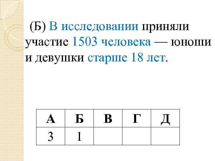 (Б) В исследовании приняли участие 1503 человека — юноши и девушки старше 18 лет.