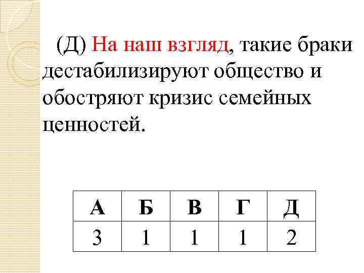 (Д) На наш взгляд, такие браки дестабилизируют общество и обостряют кризис семейных ценностей. А