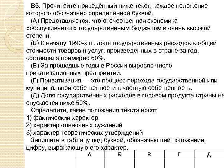 В 5. Прочитайте приведённый ниже текст, каждое положение которого обозначено определённой буквой. (А) Представляется,