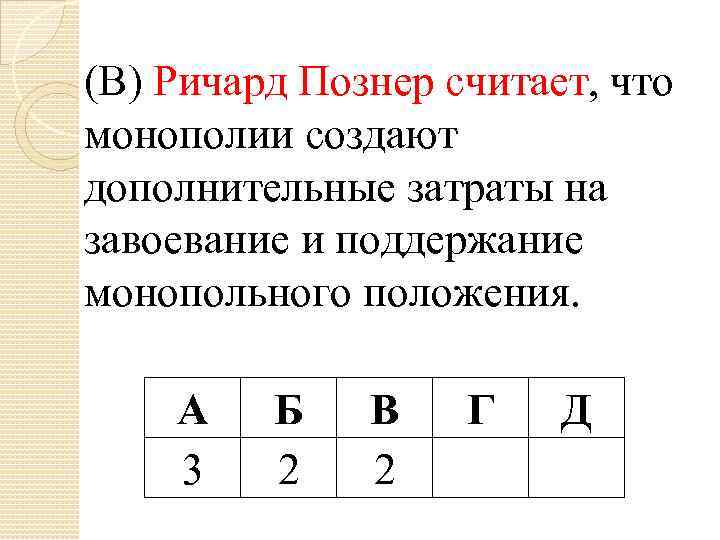 (В) Ричард Познер считает, что монополии создают дополнительные затраты на завоевание и поддержание монопольного