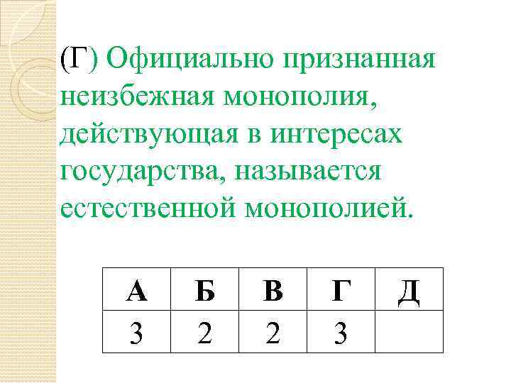 (Г) Официально признанная неизбежная монополия, действующая в интересах государства, называется естественной монополией. А 3