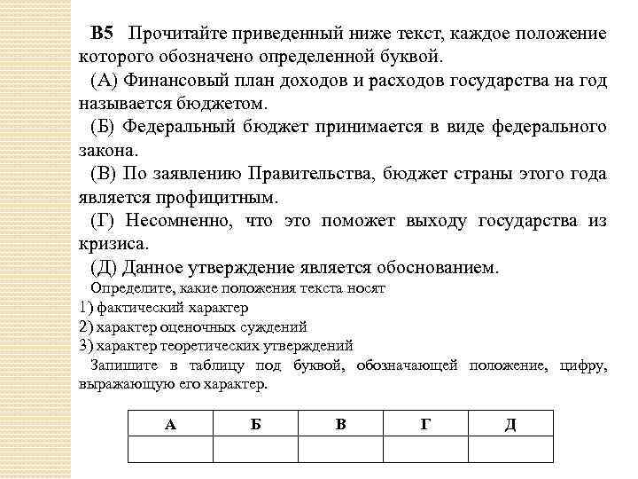 В 5 Прочитайте приведенный ниже текст, каждое положение которого обозначено определенной буквой. (А) Финансовый