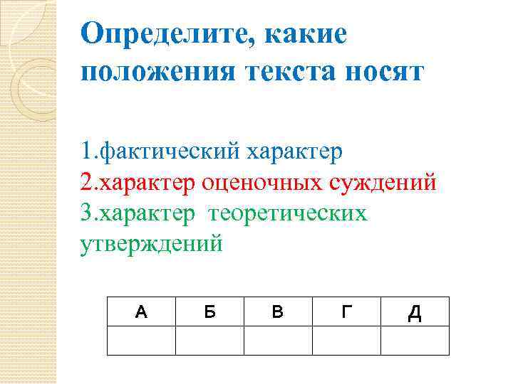 Определите, какие положения текста носят 1. фактический характер 2. характер оценочных суждений 3. характер