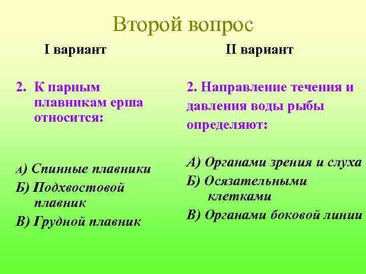 Второй вопрос I вариант 2. К парным плавникам ерша относится: А) Спинные плавники Б)