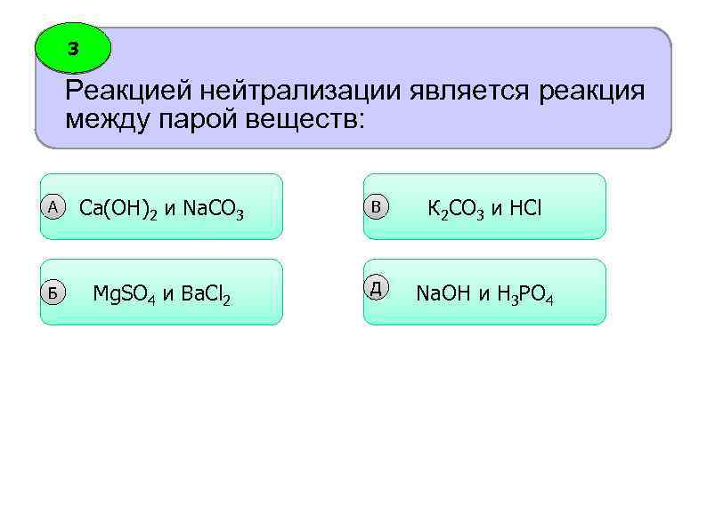 3 Реакцией нейтрализации является реакция между парой веществ: А Сa(OH)2 и Na. CO 3