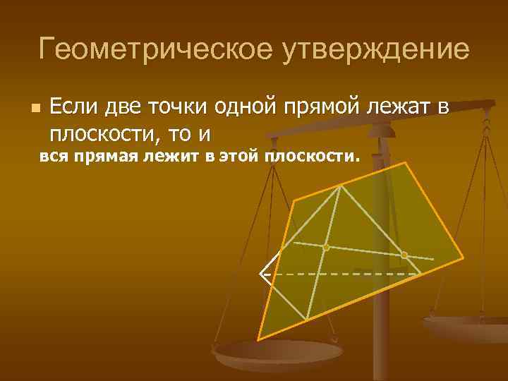 Геометрическое утверждение n Если две точки одной прямой лежат в плоскости, то и вся