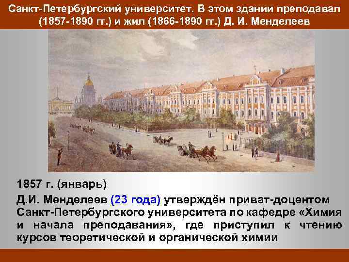 Санкт-Петербургский университет. В этом здании преподавал (1857 -1890 гг. ) и жил (1866 -1890