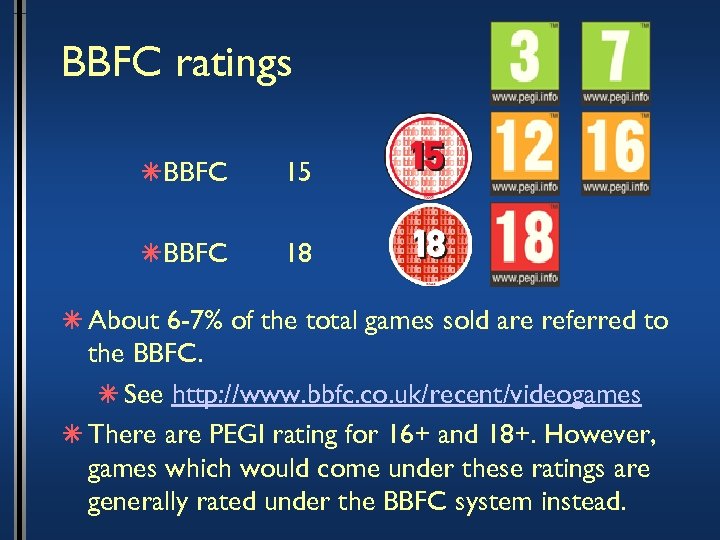 BBFC ratings âBBFC 15 âBBFC 18 â About 6 -7% of the total games