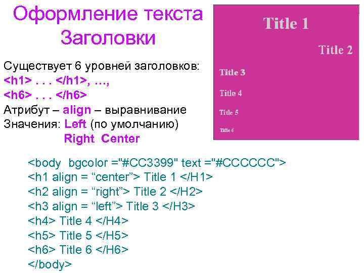 Оформление текста Заголовки Существует 6 уровней заголовков: <h 1>. . . </h 1>, …,