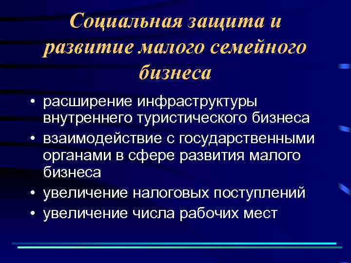 Социальная защита и развитие малого семейного бизнеса • расширение инфраструктуры внутреннего туристического бизнеса •