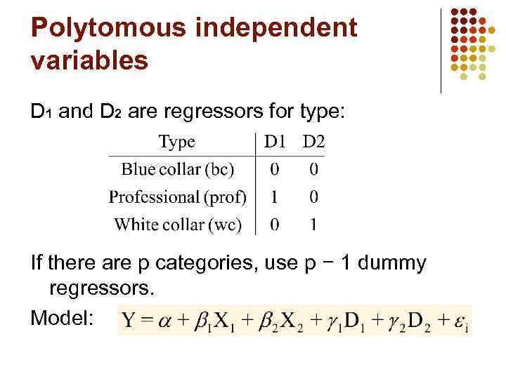 Polytomous independent variables D 1 and D 2 are regressors for type: If there