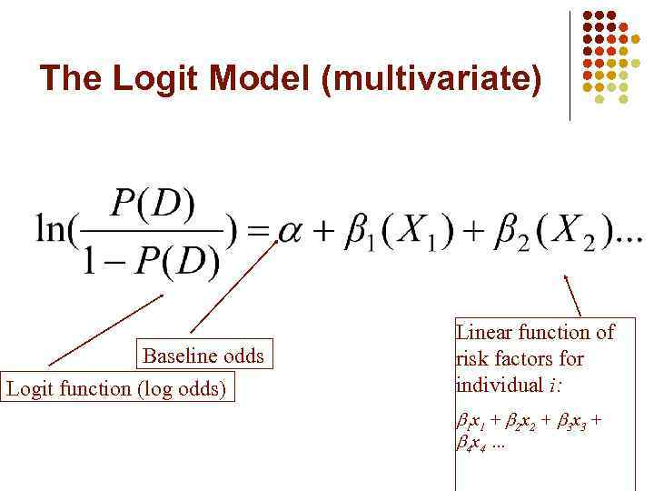 The Logit Model (multivariate) Baseline odds Logit function (log odds) Linear function of risk