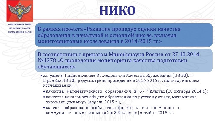 НИКО В рамках проекта «Развитие процедур оценки качества образования в начальной и основной школе,