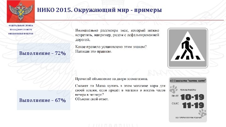 НИКО 2015. Окружающий мир - примеры Выполнение – 72% Выполнение – 67% 