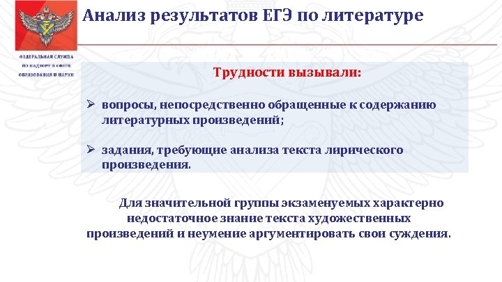 Анализ результатов ЕГЭ по литературе Трудности вызывали: Ø вопросы, непосредственно обращенные к содержанию литературных