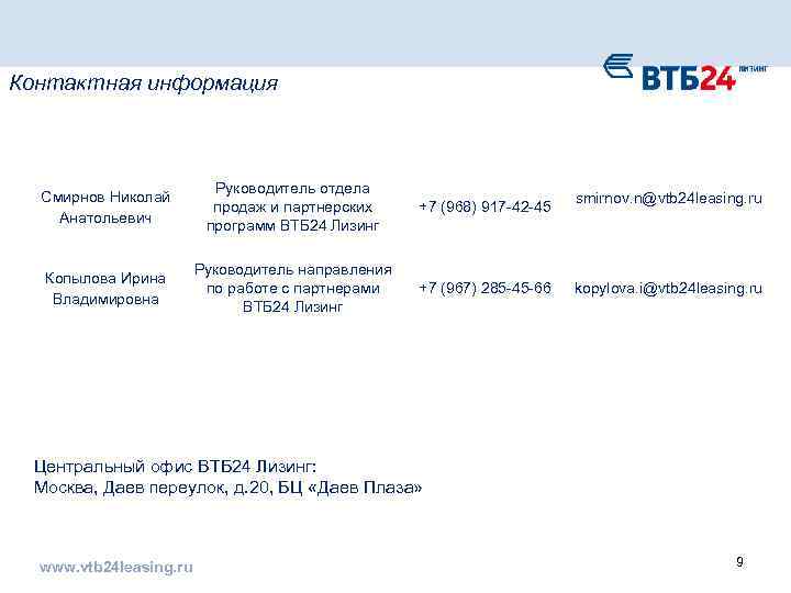 Контактная информация Смирнов Николай Анатольевич Руководитель отдела продаж и партнерских программ ВТБ 24 Лизинг