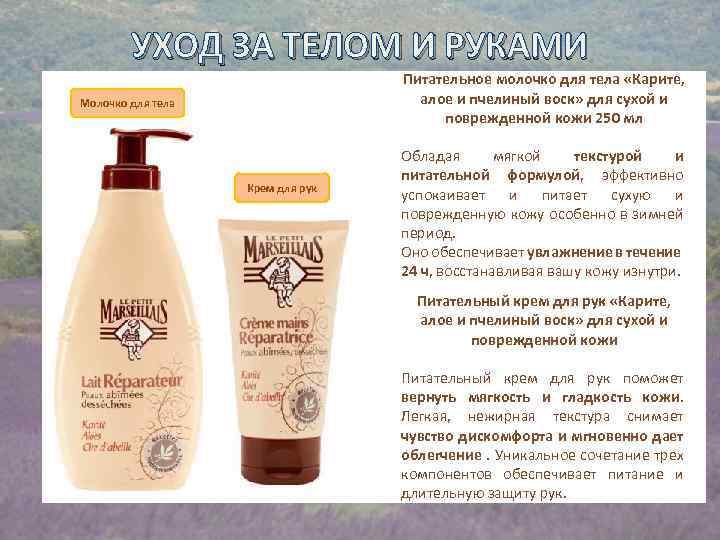 УХОД ЗА ТЕЛОМ И РУКАМИ . Питательное молочко для тела «Карите, алое и пчелиный