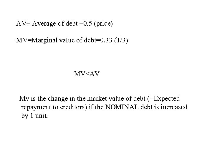 AV= Average of debt =0. 5 (price) MV=Marginal value of debt=0. 33 (1/3) MV<AV
