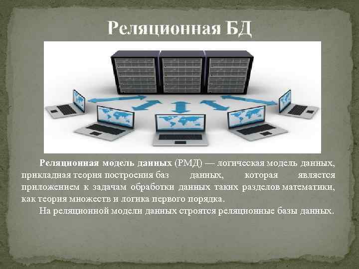 Реляционная БД Реляционная модель данных (РМД) — логическая модель данных, прикладная теория построения баз