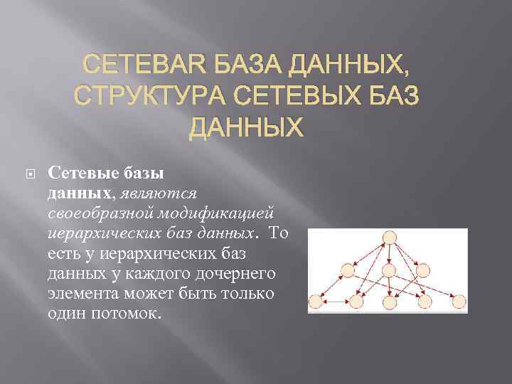 СЕТЕВАЯ БАЗА ДАННЫХ, СТРУКТУРА СЕТЕВЫХ БАЗ ДАННЫХ Сетевые базы данных, являются своеобразной модификацией иерархических