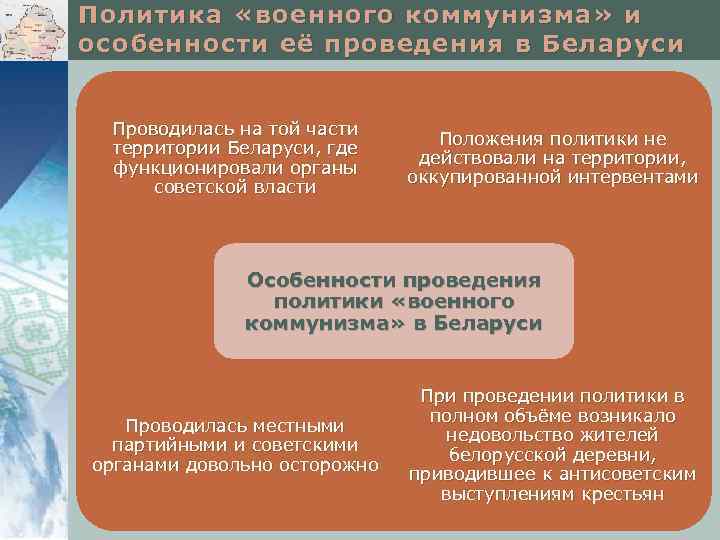 Политика «военного коммунизма» и особенности её проведения в Беларуси Проводилась на той части территории