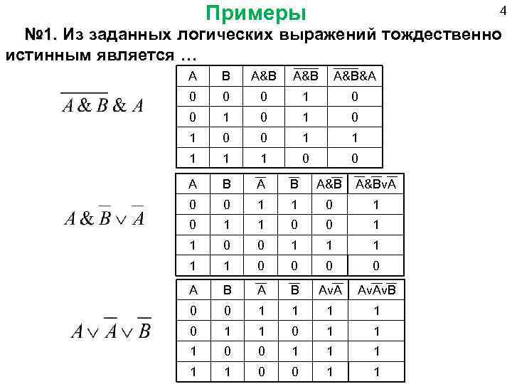 Примеры 4 № 1. Из заданных логических выражений тождественно № 1. истинным является …