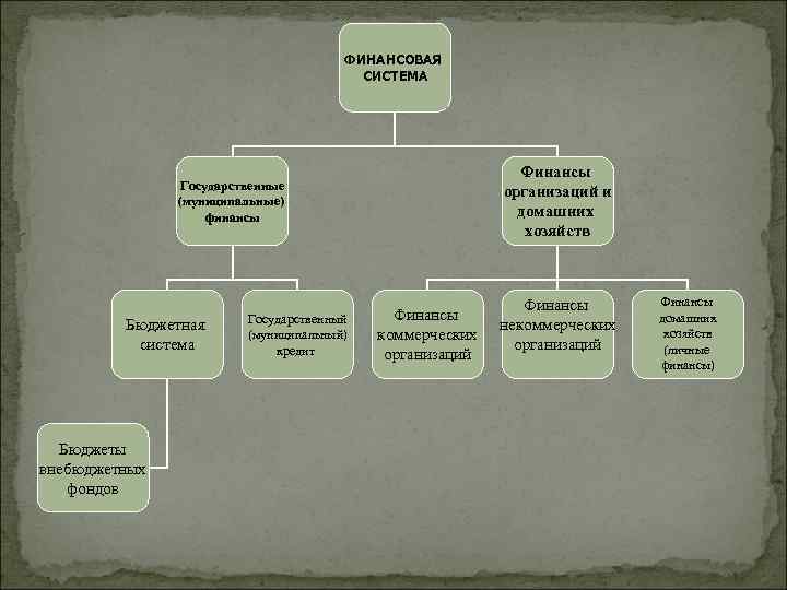 ФИНАНСОВАЯ СИСТЕМА Финансы организаций и домашних хозяйств Государственные (муниципальные) финансы Бюджетная система Бюджеты внебюджетных