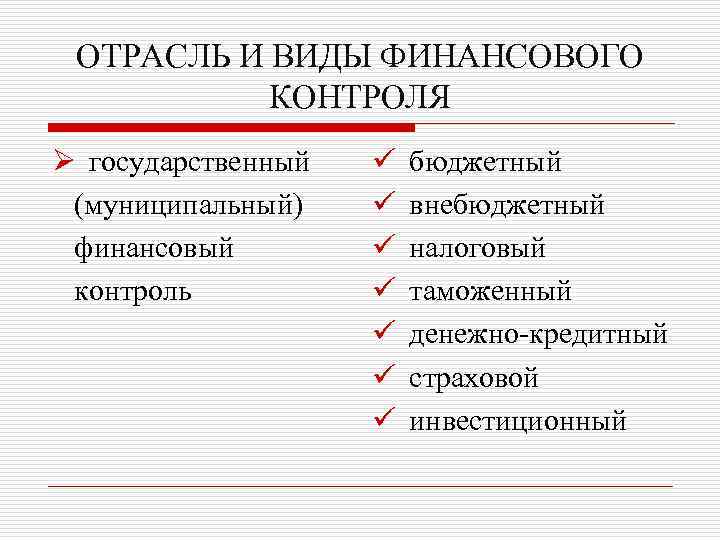 ОТРАСЛЬ И ВИДЫ ФИНАНСОВОГО КОНТРОЛЯ Ø государственный (муниципальный) финансовый контроль ü ü ü ü